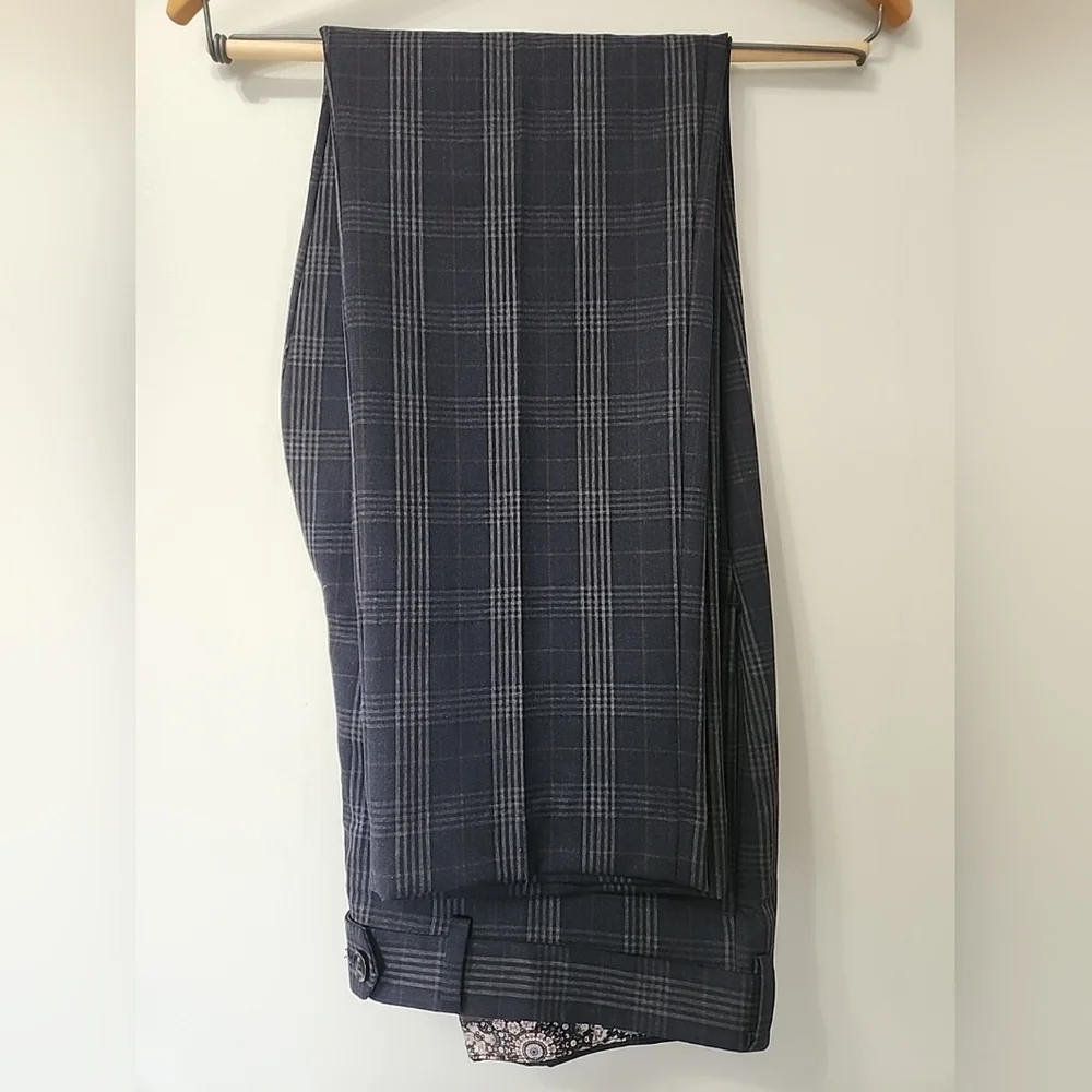 Tallia Mens Suit Pants 34x32 Navy Gray Burgundy Plaid Slim Fit Flat Front
